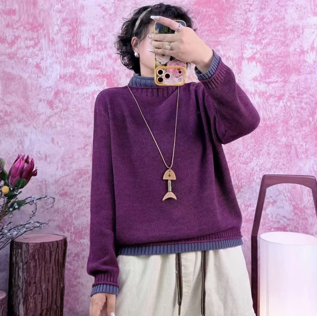 秋冬新款半高领撞色拼接素款针织毛衣11123