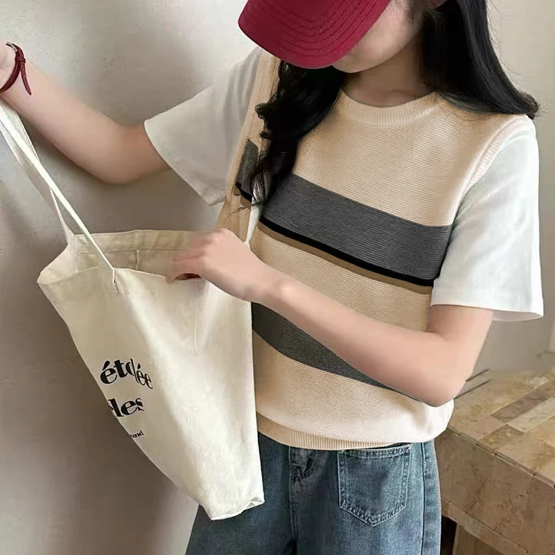 春上新!【宽条背心】圆领套头撞色条纹无袖上衣针织背心 XO-036