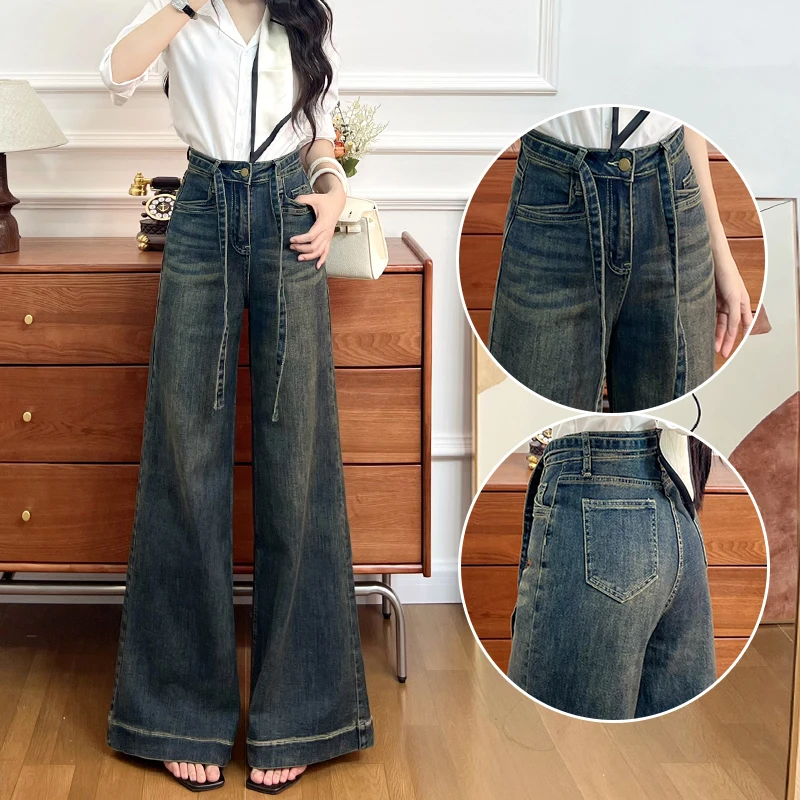 宽松不贴腿微喇牛仔裤女2025秋季新款弹力阔腿抽绳绑带喇叭裤