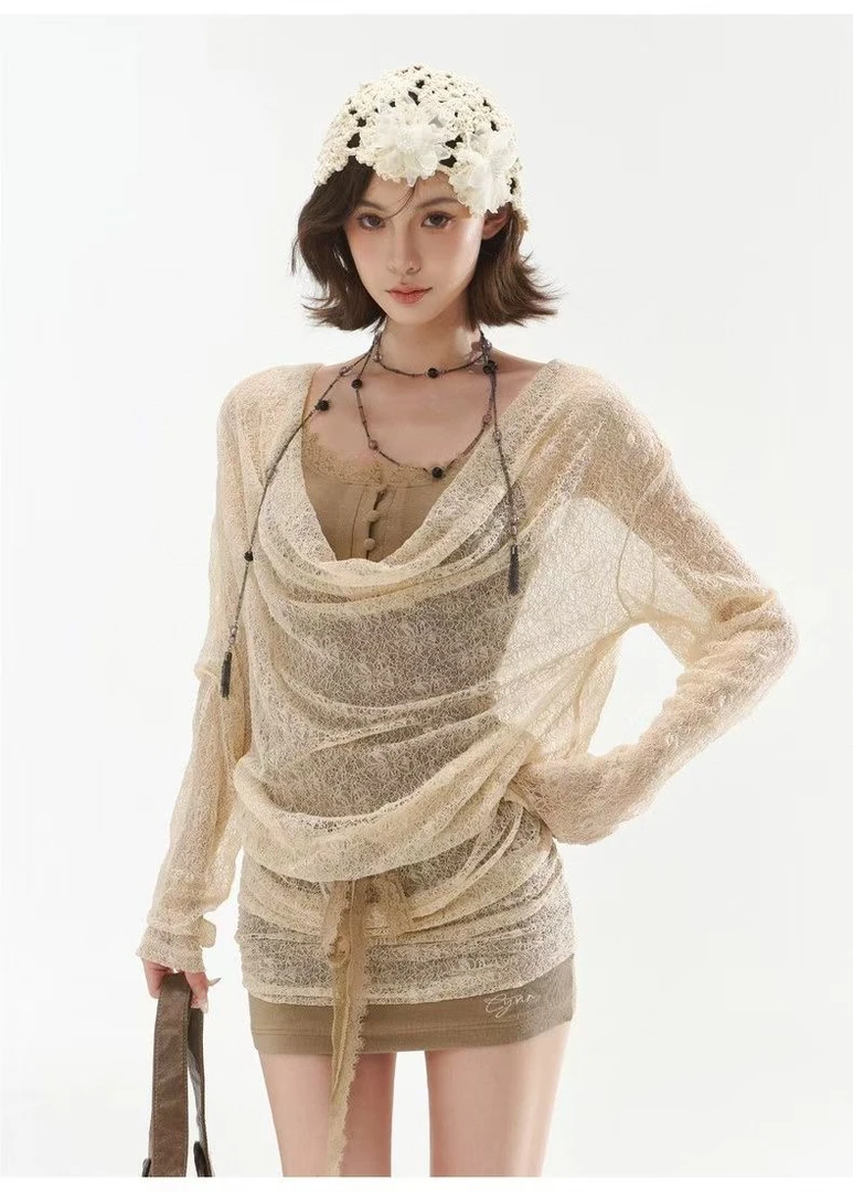 美式复古辣妹废土风荡领蕾丝罩衫吊带包臀连衣裙春夏款