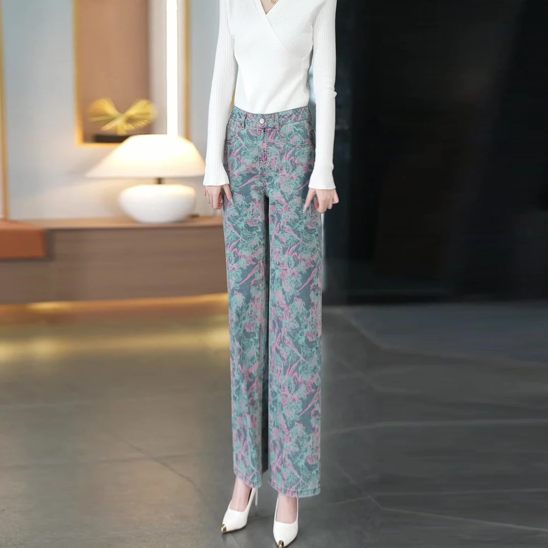 高腰宽松显瘦长裤中年妈妈2025春秋大码时尚炫彩印花阔腿牛仔裤女