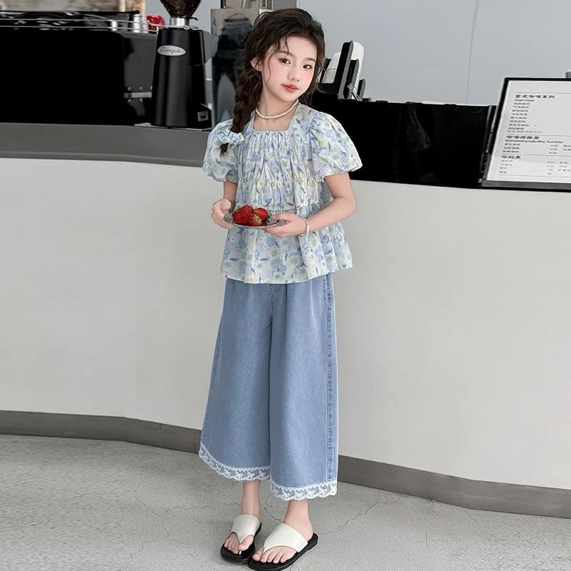 夏季女童套装短袖碎花娃娃衫2025新款韩版阔腿裤两件套薄款大儿童