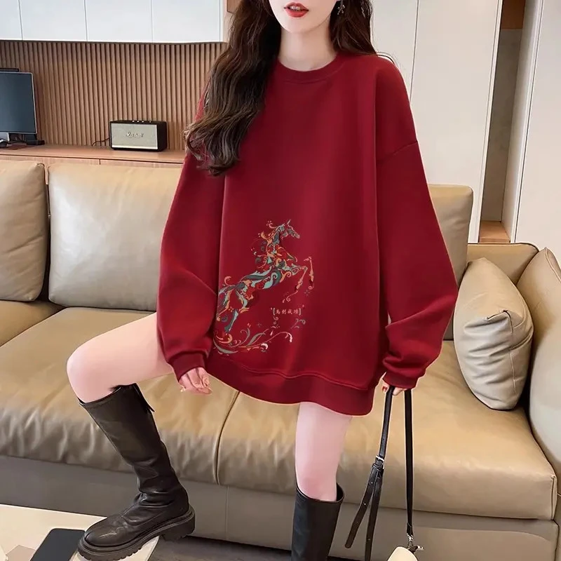 新年过年大码300斤酒红色加绒圆领卫衣男女2026马年新款套头上衣