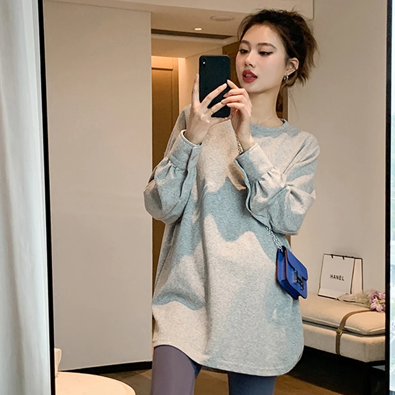 孕妇装2025秋季上衣韩版时尚款衬衫袖纯棉T恤潮妈外出洋气打底衫