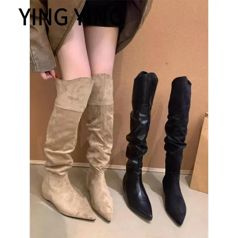 羊皮版~内增高绒面长筒靴女尖头褶皱堆堆靴大筒围西部牛仔高筒靴