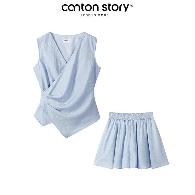 羊城故事 蓝色绑带无袖t恤半身裙套装夏季慵懒风两件套 Y50751724