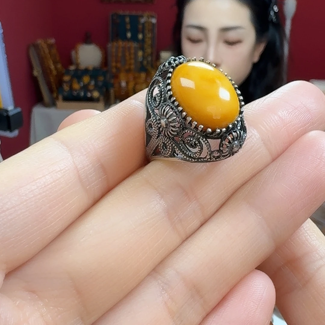 蜜蜡银S925镶嵌耳饰戒指