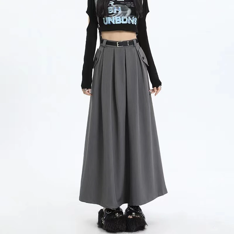 春夏西装灰色百褶裙女高腰垂感a字半身长裙气质显瘦百搭西装伞裙