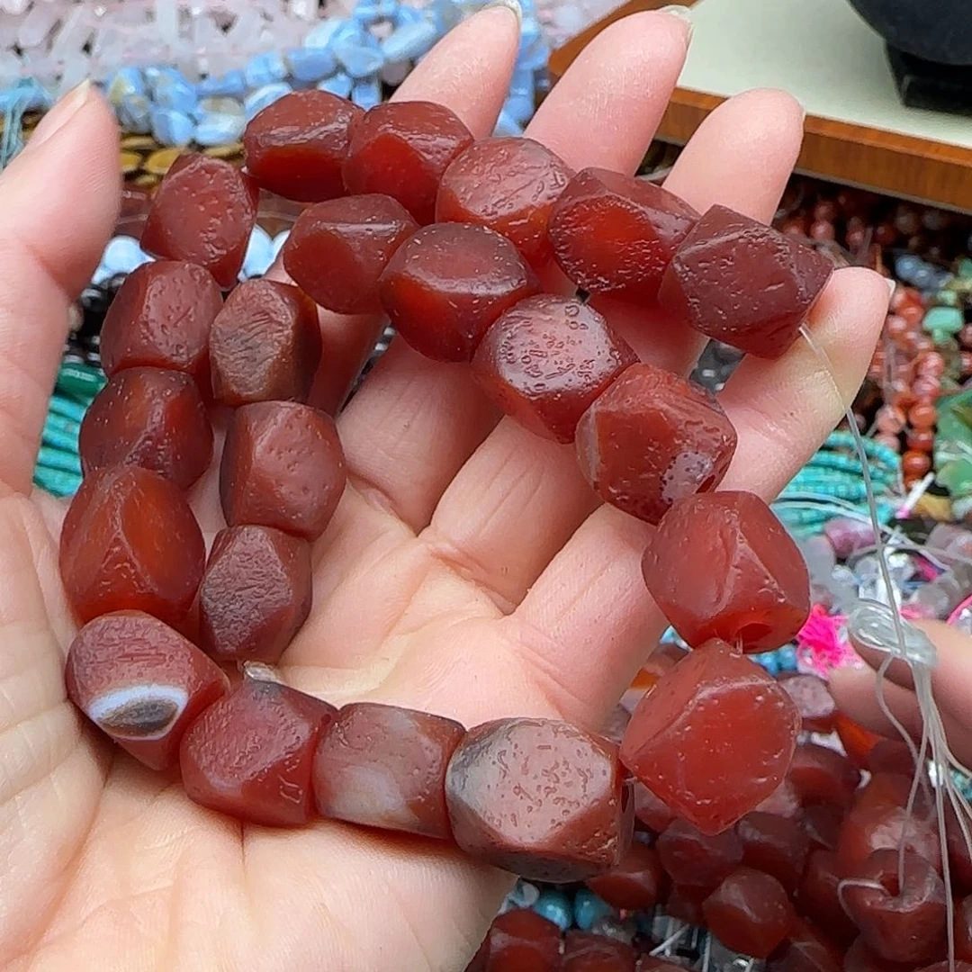 玛瑙/玉髓珠宝半成品合金橘皮红玛瑙手工八棱11mm一条