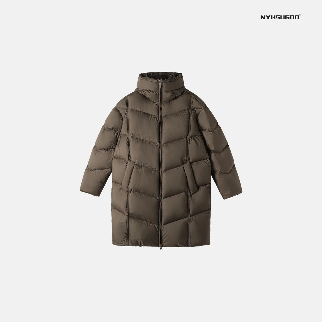 NYHSUGOO/南乙3437冬季男士连帽泡芙款90白鸭绒羽绒服情侣中长款