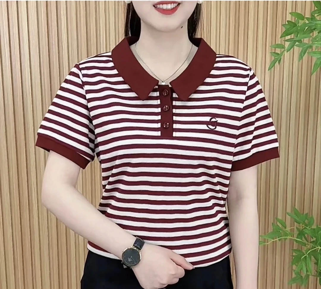 2025条纹女士t恤短袖薄款夏季翻领时尚百搭显瘦遮肚休闲减龄上衣