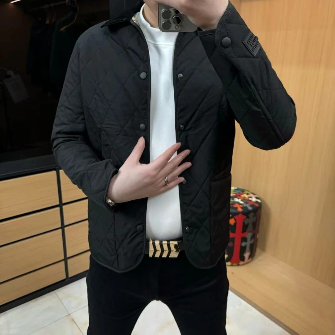 8816*新款薄棉服修身菱形格棉袄韩版上衣潮青年翻领外套男棉服