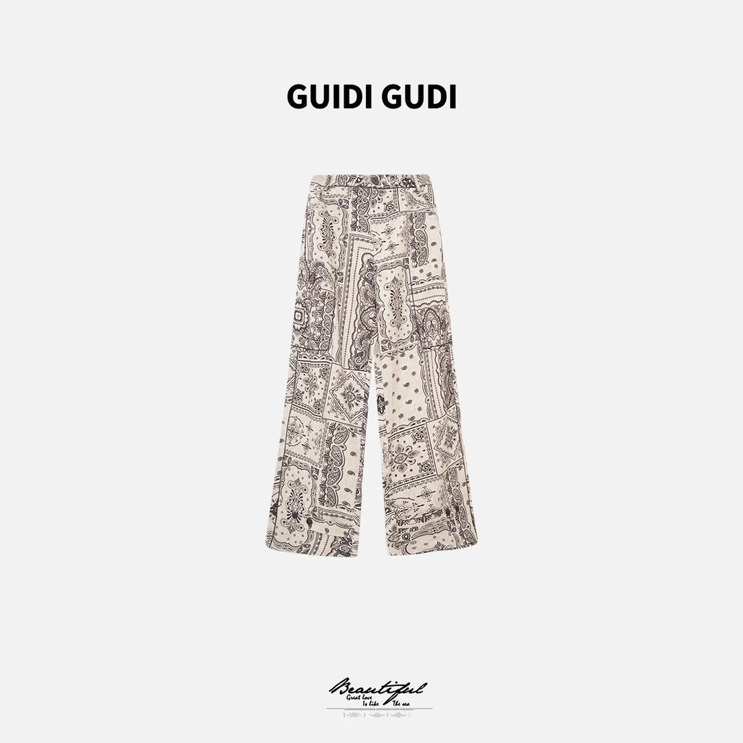 GUIDI GUDI【腾格】印花民族风休闲裤/黄加蓝