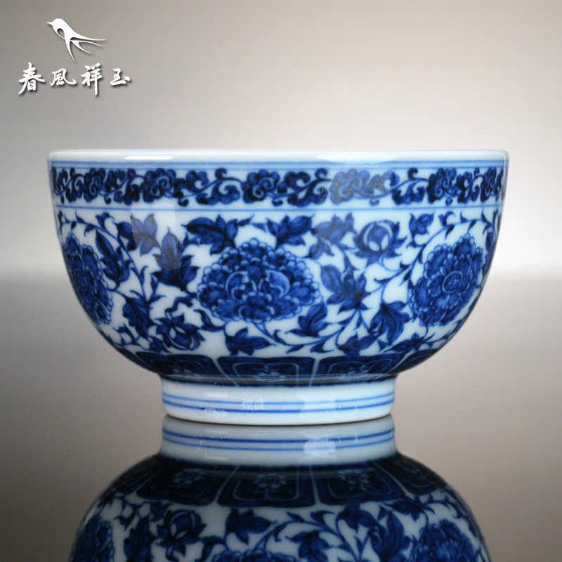 景德镇 春风祥玉 邹俊窑制八字款 青花 牡丹 内画 罗汉杯