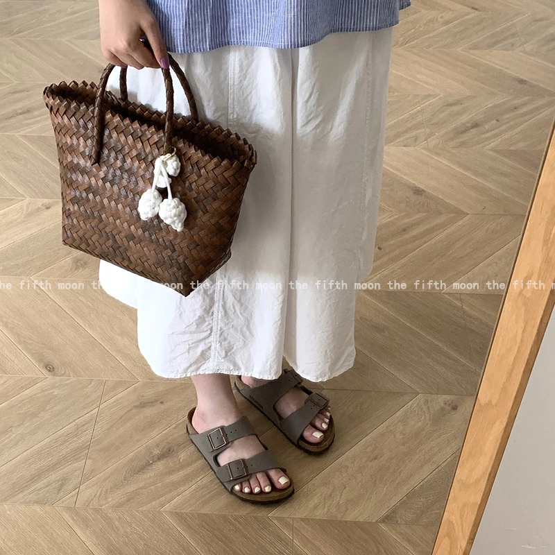 thefifthmoon复古小众手提菜篮子包草编包沙滩包手工编织包