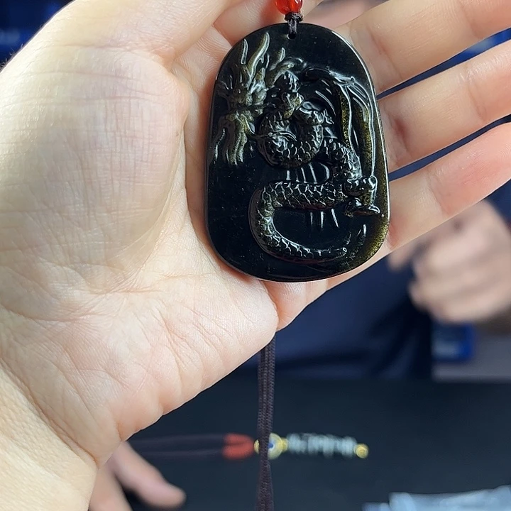 珍***荐黑曜岩未镶嵌颈饰T19龙牌