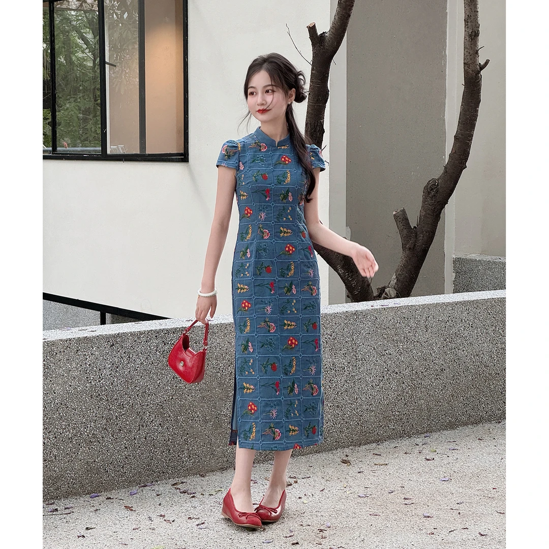 【繁花蓝铃】小娜椒小个子夏季刺绣碎花收腰新中式改良旗袍连衣裙女