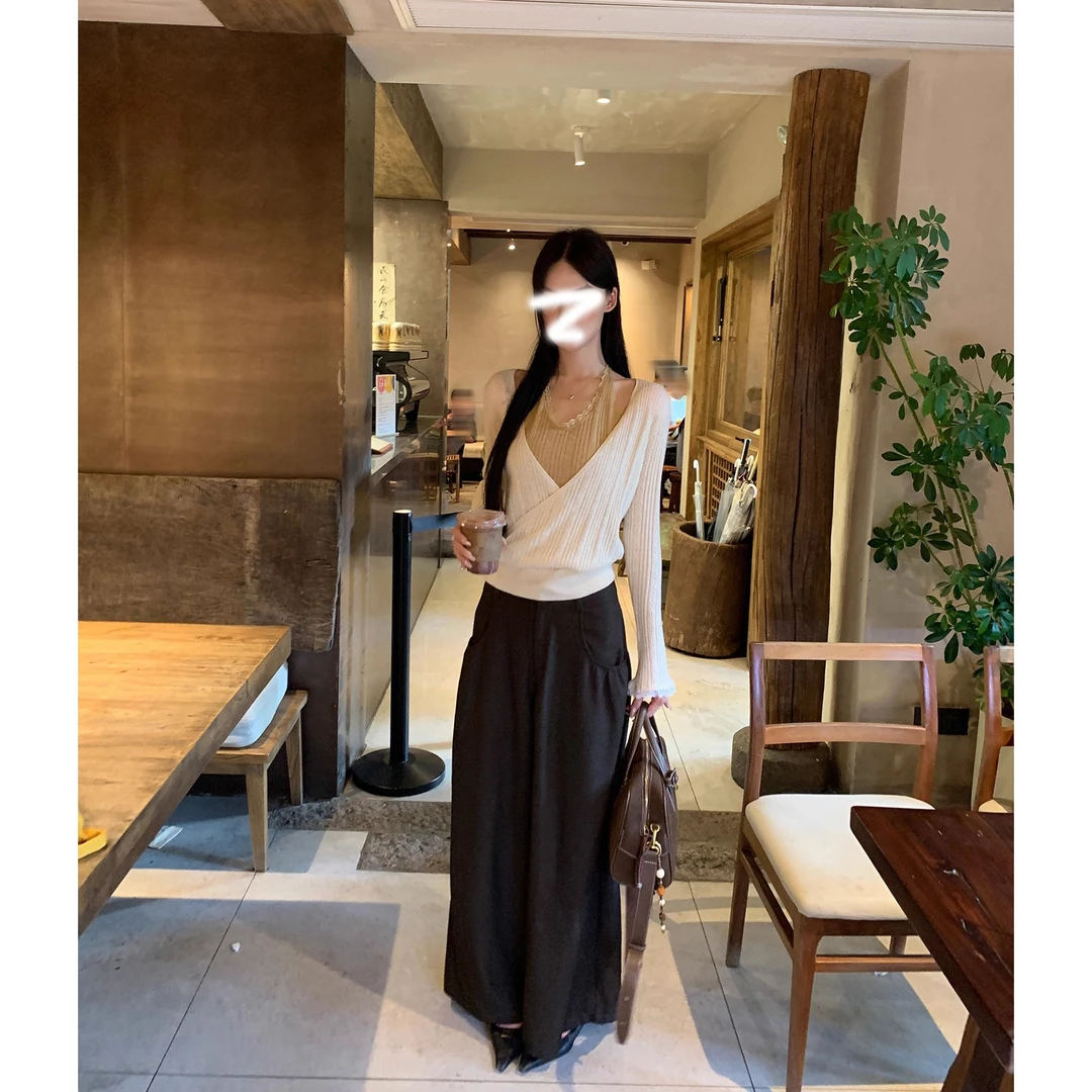 长袖针织衫秋冬假两件氛围感设计修身毛衣+港式阔腿慵懒休闲裤女