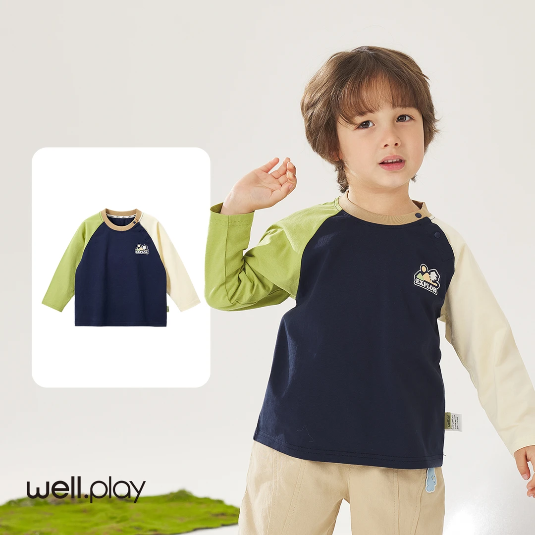 wellber/威尔贝鲁儿童撞色卡通长袖上衣洋气春秋25新