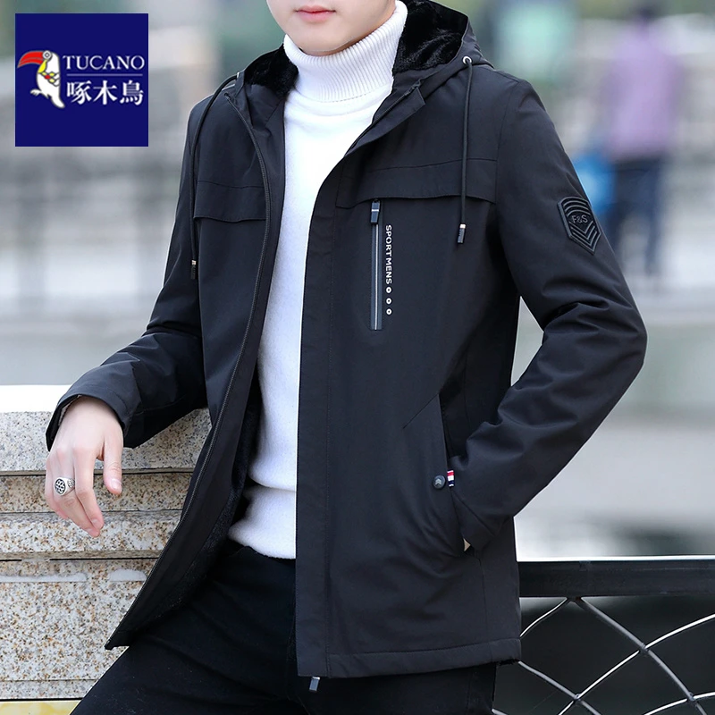 啄木鸟秋冬季新款男士连帽外套潮牌百搭衣服加绒加厚冬装夹克上衣