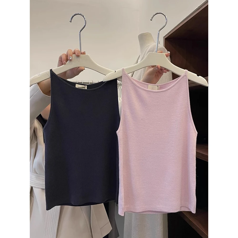 韩版夏季圆领挂脖百搭短款女新款外穿简约毛针织吊带薄款打底衫