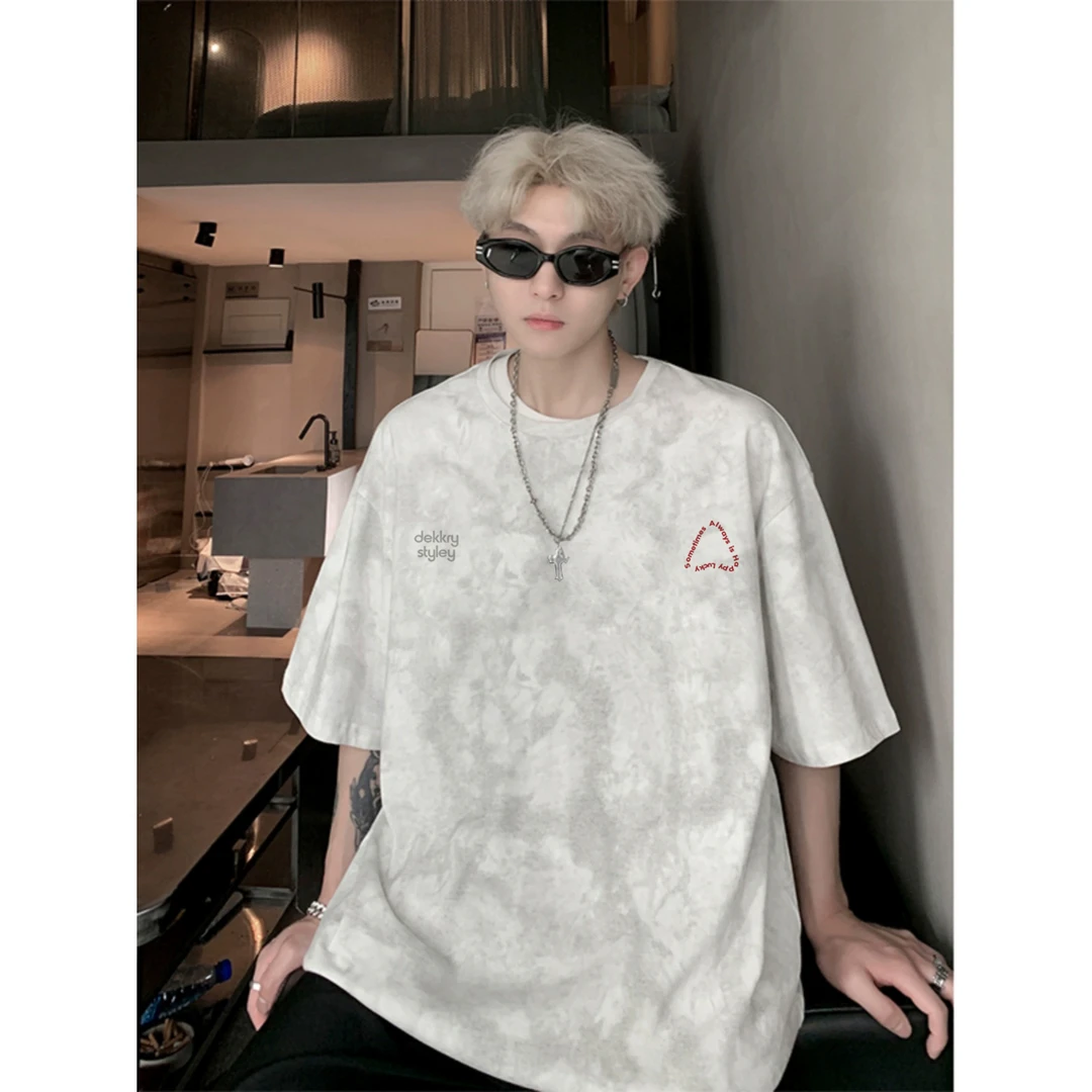 100%纯棉美式创意几何字母印花水洗扎染短袖T恤男女夏季休闲上衣