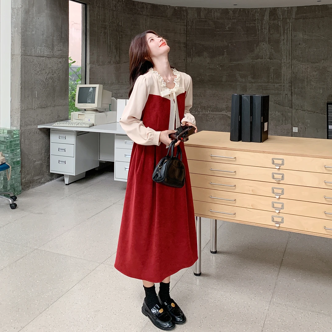 红色早秋氛围感假两件连衣裙女2025新款显瘦长袖气质超好看A字裙