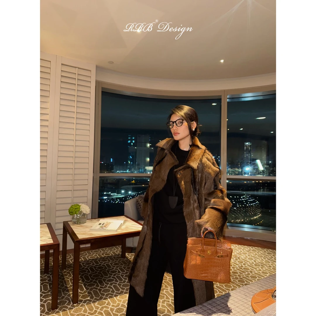 RRB Design 珍稀宝石baby山羊猾子毛宽松显瘦翻领中长款皮草外套