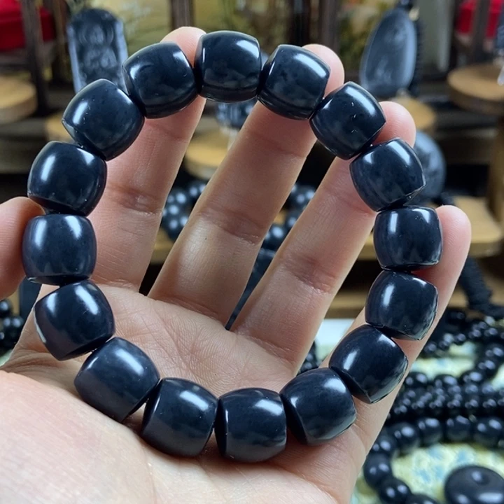 和田玉（墨玉）未镶嵌手串卡14直切灰调