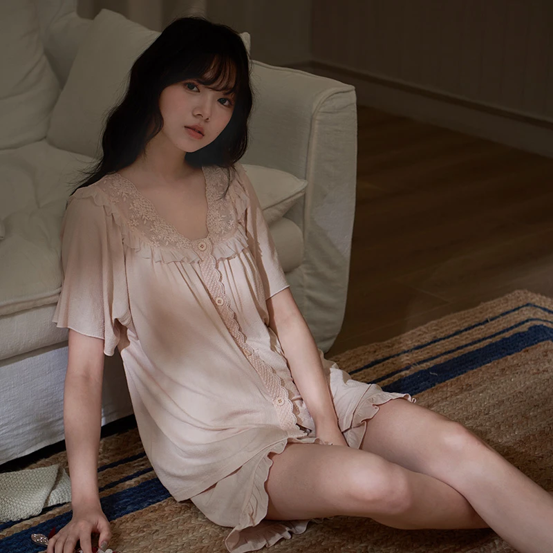 马克公主带胸垫睡衣女夏季新款甜美公主风短袖三件套凉感棉家居服