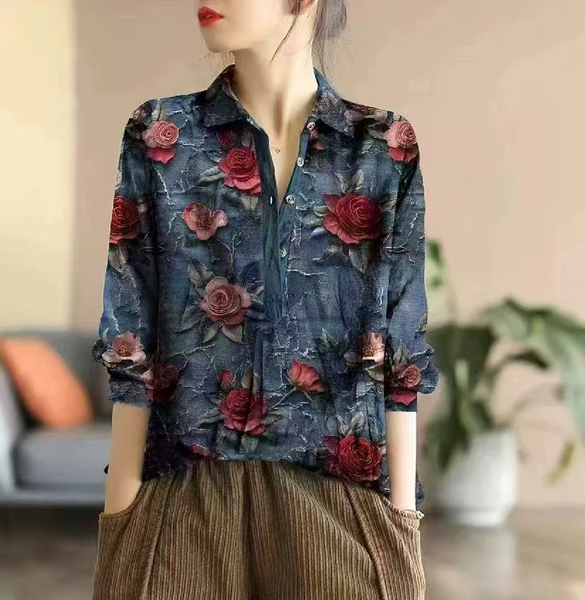 天丝棉牛仔印花衬衫夏季女洋气时尚衬衣2025新款气质薄款短袖上衣