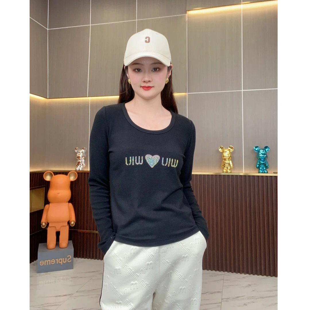 时尚气质百搭款式打底衫内搭休闲圆领烫钻潮流长袖T恤232959