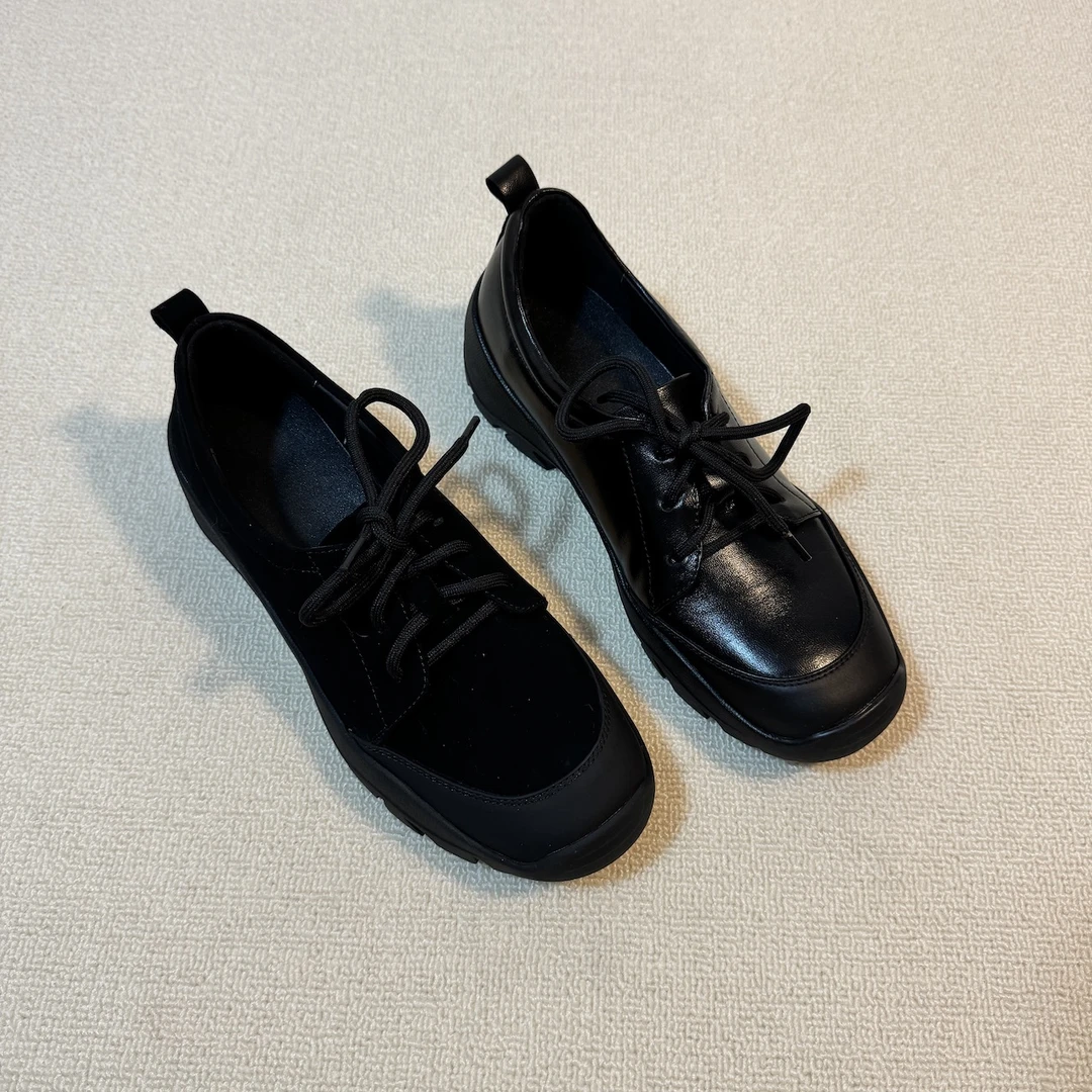 六也「简约系带」5cm通勤厚底圆头真皮绒面深口运动休闲单鞋L1110