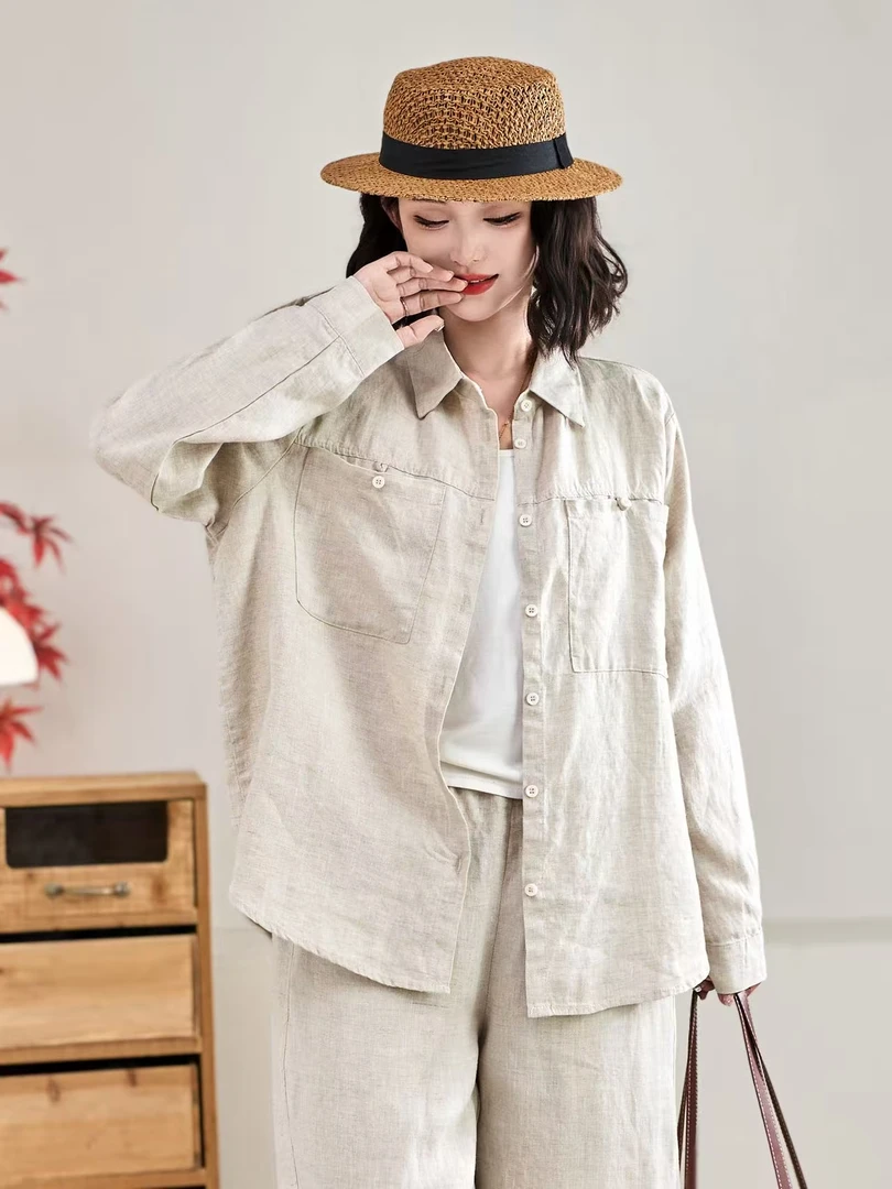 YIWEN100雨露亚麻老钱风休闲减龄衬衫1294