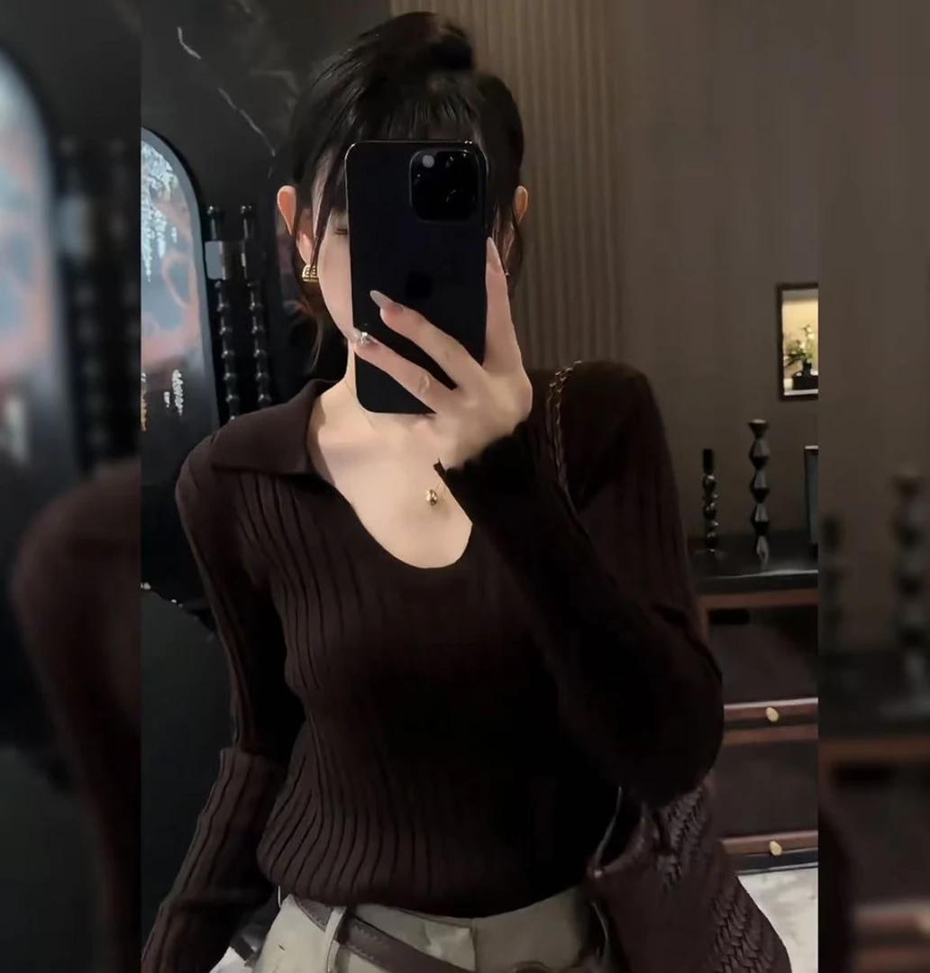 308秋季新款韩系复古辣妹V领针织修身长袖上衣阔腿休闲裤时尚套装