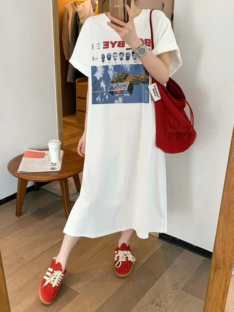 圆领短袖印花连衣裙女2025夏季新款宽松T恤裙长裙-0182