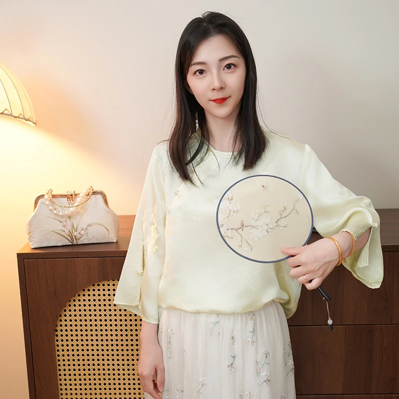 【莫屿·旧夏之约】100桑蚕丝圆领斜襟夏季国风女装七分袖开叉T恤