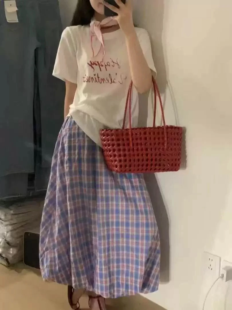 루루가−（APM）韩国东大门百搭短袖字母T恤宽松显瘦格子半身裙三件套