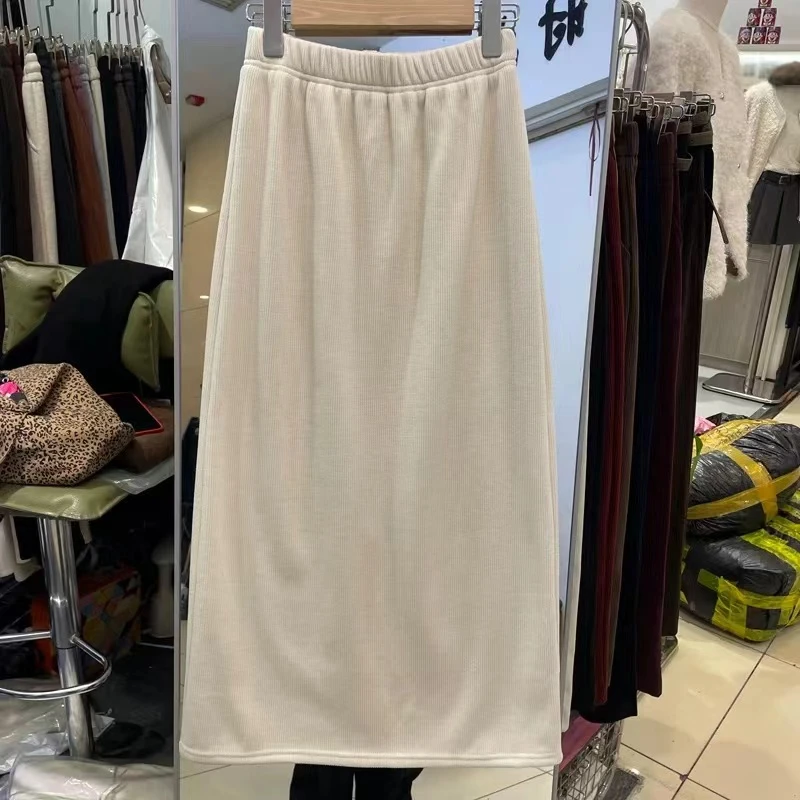 0034 直筒开叉半身裙女冬季加绒灯芯绒包臀裙a字潮