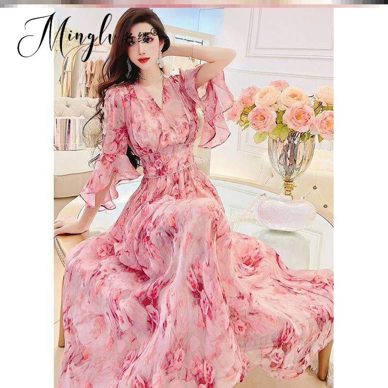 收腰显瘦万人迷甜美气质碎花高端连衣裙年夏季新款女大摆裙女爆款