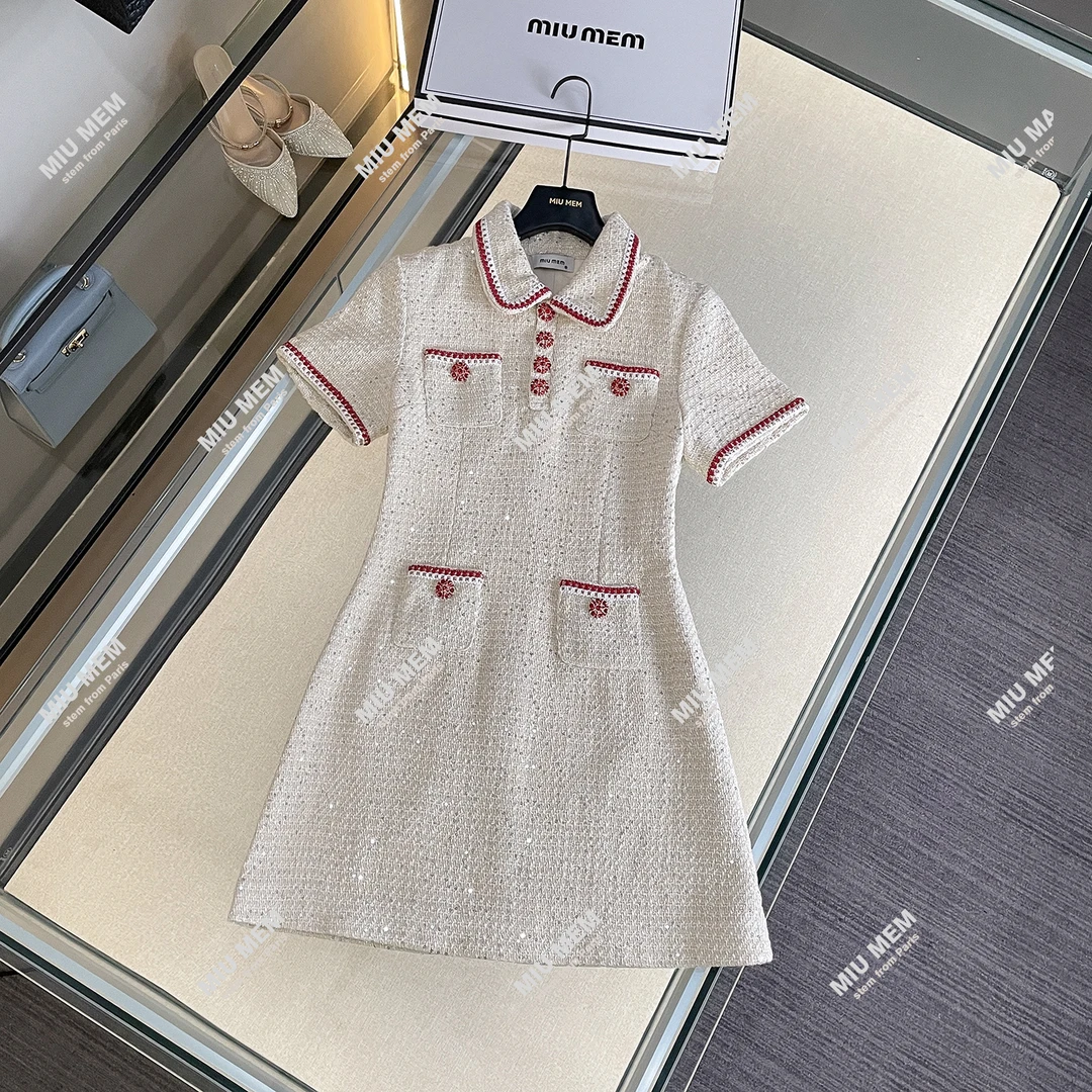 MIUMEM春季法式小香风亮片镶钻Polo领粗花呢连衣裙DY6591