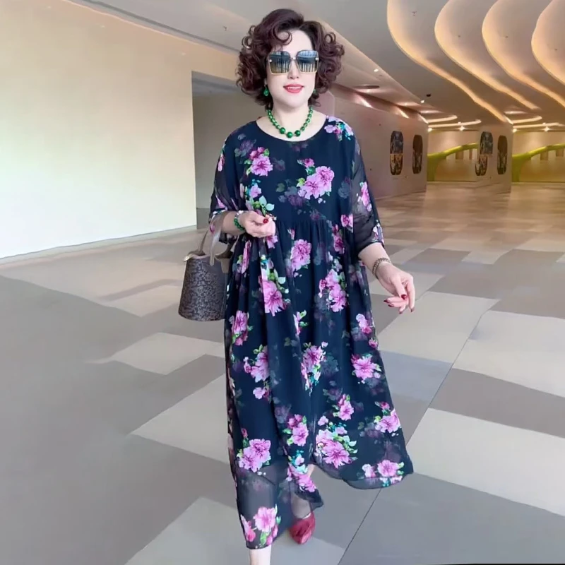 欧货夏季妈妈装碎花乔其纱连衣裙时尚气质宽松遮肉大码长款沙滩裙