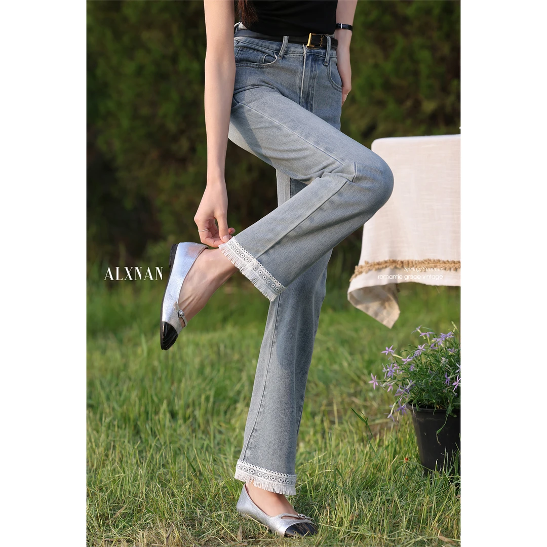 【粉丝福利】鹿向南「丹宁印象」拼接花边牛仔裤女夏直筒长裤L55818