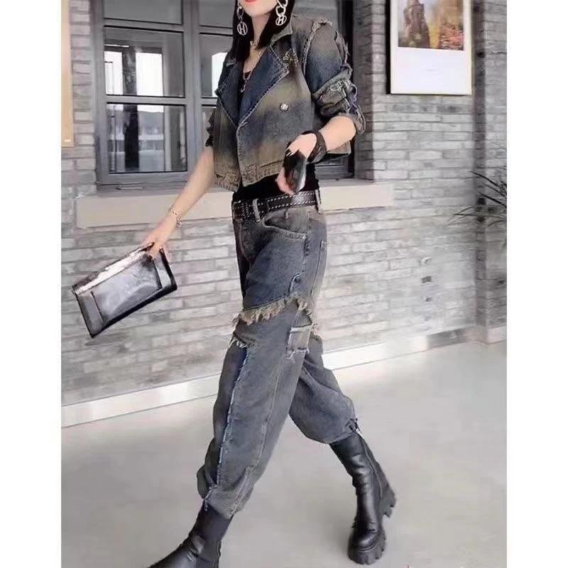 哥弟阿玛施正品欧洲站2025春季新款时尚气质洗水做旧色拼接牛仔裤