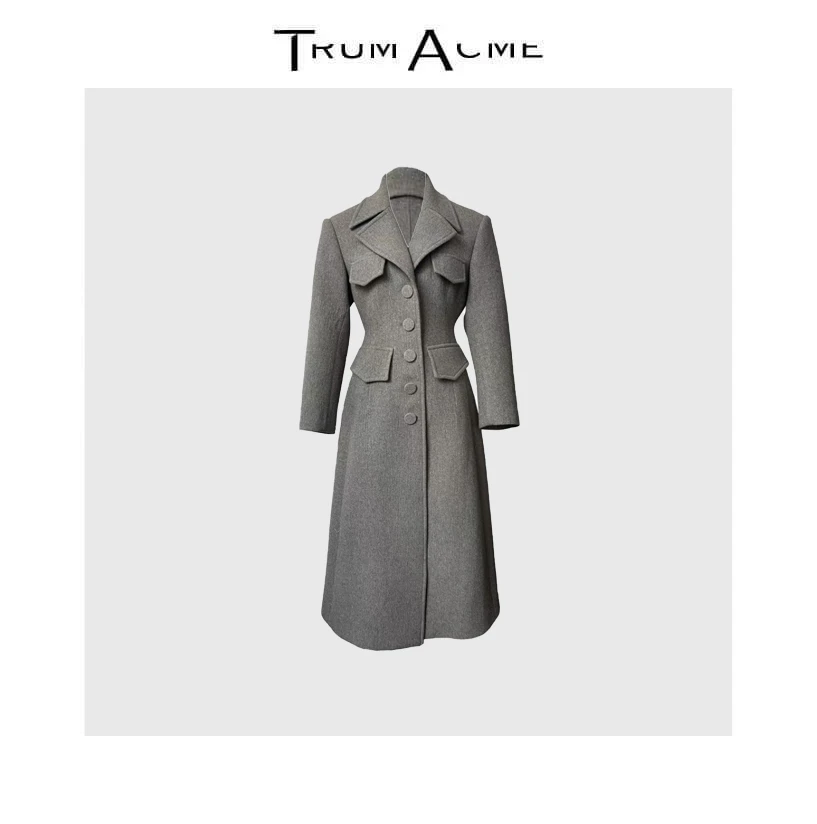 TrumAcme~老钱风复古版单排扣收腰显瘦A摆毛呢大衣外套女时尚百搭