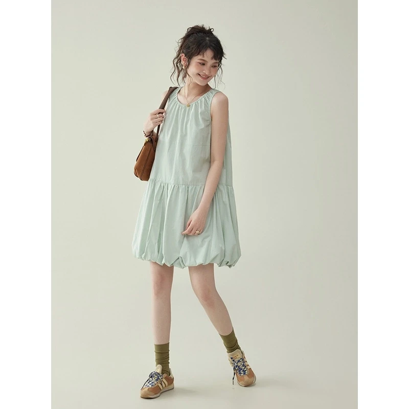 时尚孕妇夏季新款浅绿色无袖花苞连衣裙女夏季新款设计感背心裙女