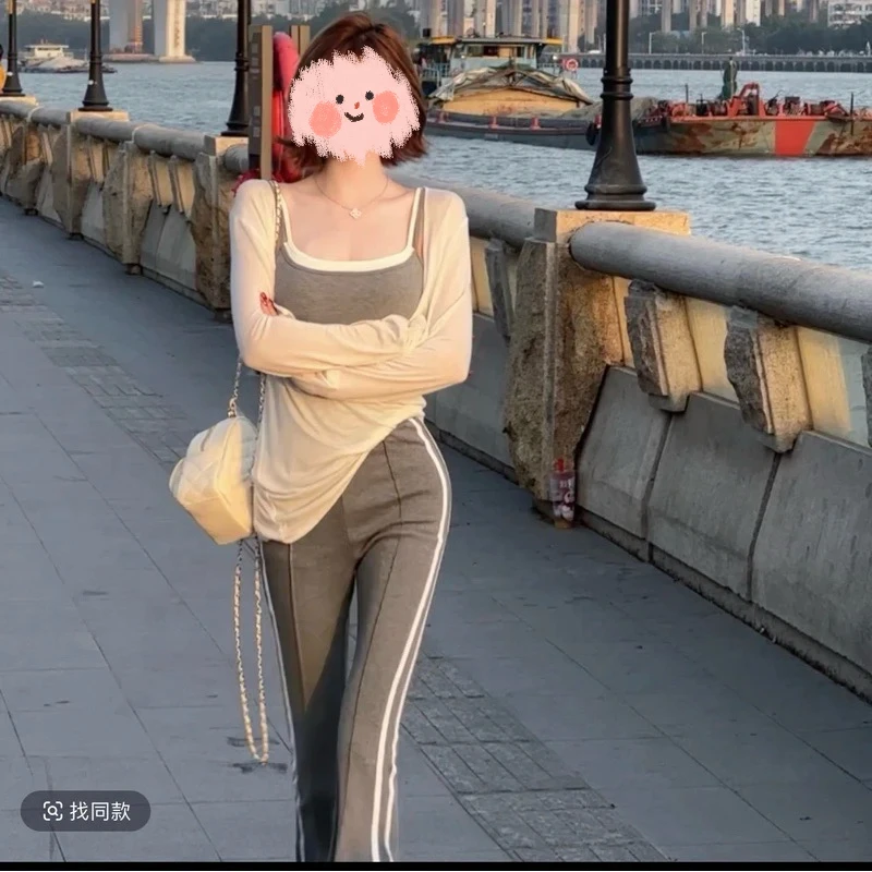 春夏新款灰白条纹运动裤休闲高弹显瘦长裤+假两件T+罩衫