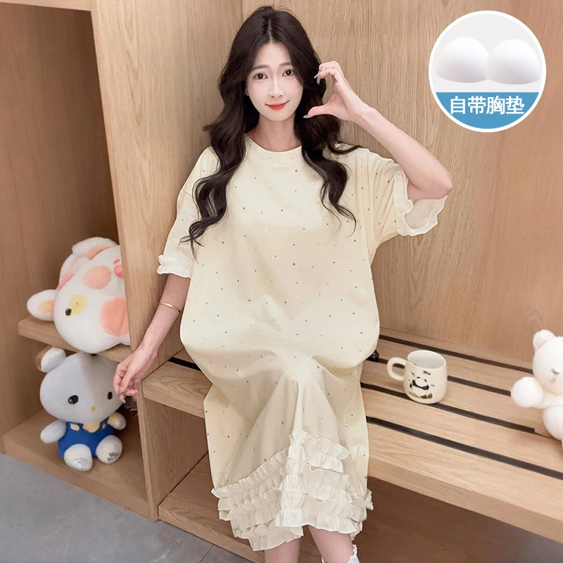 2025睡裙夏季女带胸垫纯棉短袖花苞边宽松可外穿睡衣女新款家居服