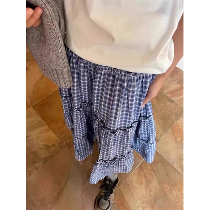 复古蓝白格纹褶皱花边半身裙春夏松紧腰显瘦气质a字格子蛋糕裙子