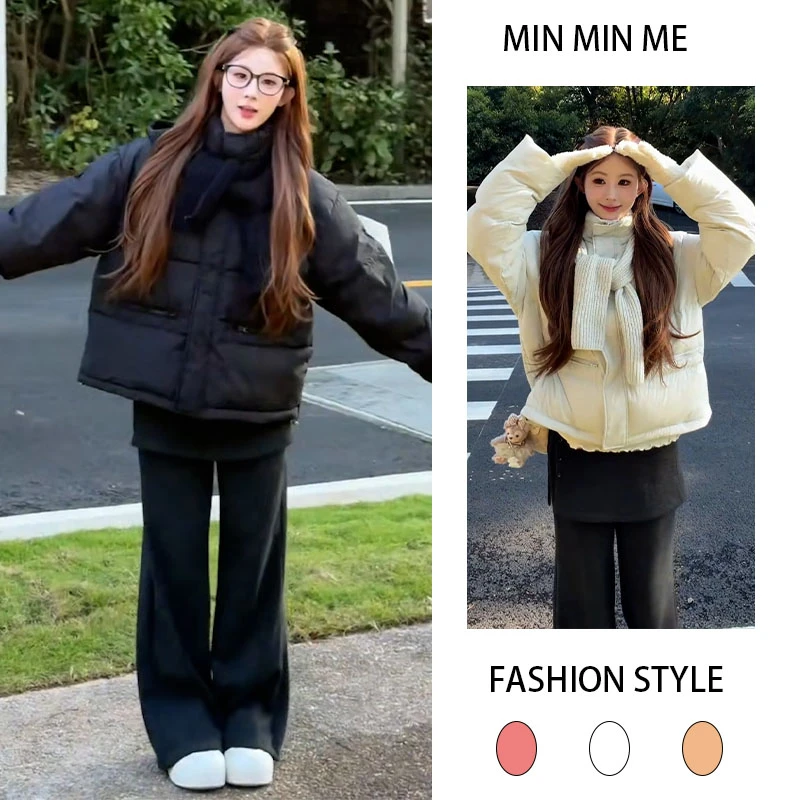 2025秋冬季新款设计感修身型韩版长袖棉服女搭配加绒休闲裤两件套